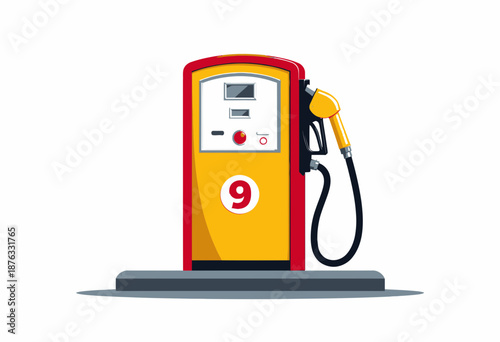 Vibrant Red and Yellow Retro Gasoline Pump with Meter and Nozzle on a Simple Platform Design Illustration
