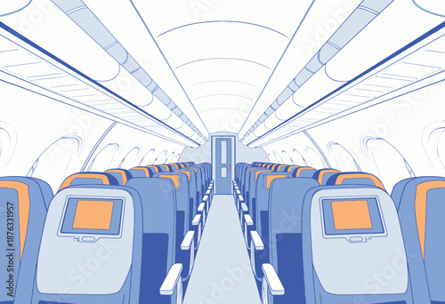 Illustrated Interior View of Modern Airplane Cabin with Multiple Rows of Passenger Seats and Inflight Entertainment Screens