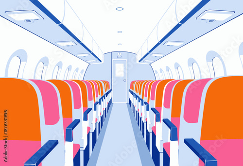 Illustration of a Spacious Airplane Cabin Interior Highlighting Vibrant Seating Arrangement and Overhead Storage