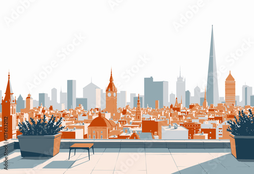 Scenic Urban Panorama Featuring Iconic Skylines Across Architectural Rooftops with Towering Skyscrapers in a Minimalist Cityscape Illustration