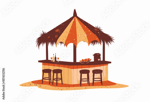 Tropical Beachside Bar with Thatch Roof Umbrella and Relaxing Atmosphere Featuring Drinks and Fruit