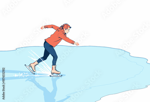 Young woman gracefully ice skating across a frozen lake, showcasing her skill and balance in an outdoor winter environment under clear skies
