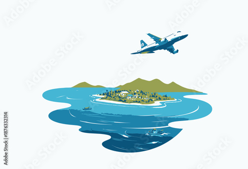 Illustration of a Serene Island Paradise with Airplane Flying Above, Set in Calm Blue Waters and Surrounded by Puffy White Clouds and Lush Greenery