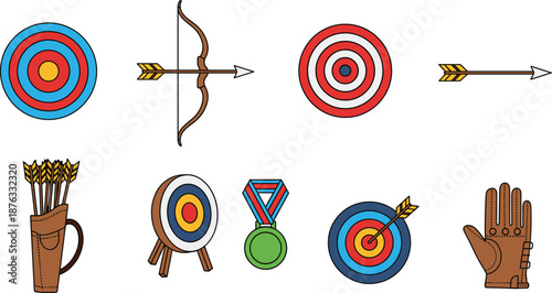 Comprehensive archery vector icon set featuring colorful bullseye targets, wooden bows, sharp arrows, leather quivers, competition medals, and protective shooting glove on white background.