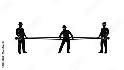 Three workers in hard hats pulling a long heavy pipe together with teamwork and effort