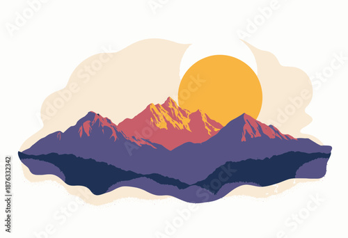 Vibrant Sunrise Over Majestic Mountain Range with Layered Peaks and Striking Contrast Against a Clear Sky
