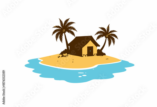 Illustration of a tranquil tropical island with a quaint hut surrounded by lush palm trees gently swaying above the pristine shoreline against a clear sky