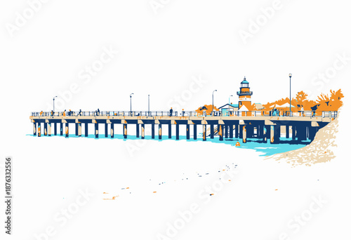 Charming coastal pier with red lighthouse surrounded by vibrant autumn foliage and small waves gently lapping the shoreline under a clear sky