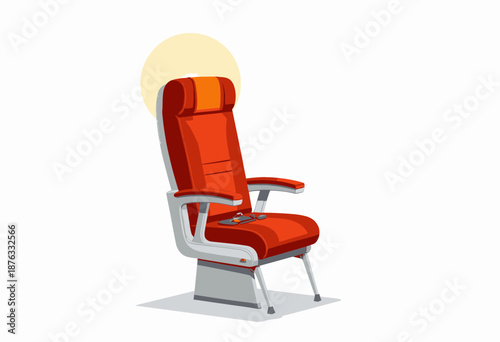 Illustration of a modern red airplane seat with armrests and controls, isolated against a white background, suggesting concepts of travel comfort and innovation