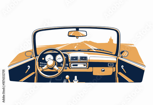 Scenic Driving Journey in Vintage Convertible with Open Road and Horizon View from Driver's Seat in Retro Illustration Style
