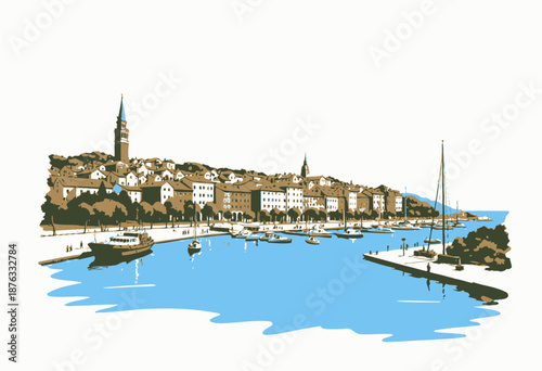 Charming Coastal Town with Vibrant Architecture and Scenic Harbor Offering Picturesque Views of Sailing Boats and Lush Greenery Under Clear Blue Skies