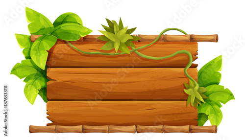 Bamboo frame with empty wood planks, jungle leaves and vine. Themed projects game ui border, menu. Old paper textured, bamboo border.