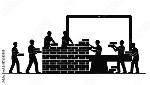 Workers building brick wall in front of large computer screen teamwork and construction concept
