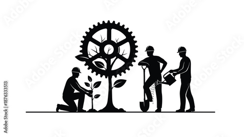 Workers in silhouette nurture a gear integrated tree with leaves and seedlings
