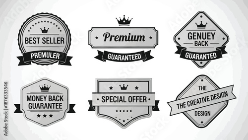 Collection of vintage style badges and labels with guarantee and premium text