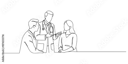 Continuous one line of a doctor asking questions to a patient, symbolizing interactive diagnosis, drawn vector illustration.