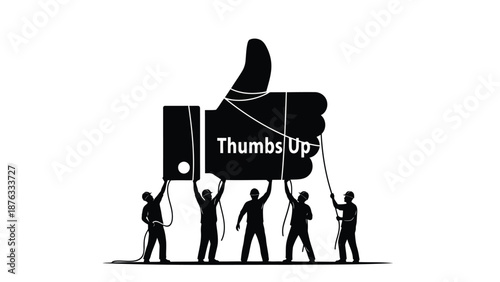 Team effort constructing large thumbs up symbol with ropes and pulleys on white background