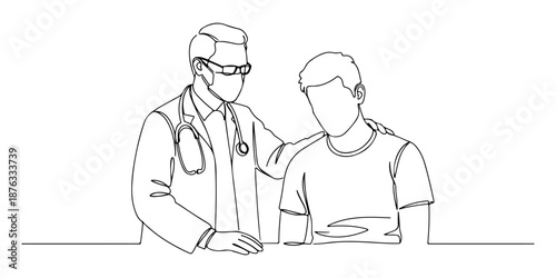 Continuous one line of a patient nodding as the doctor explains, symbolizing understanding, drawn vector illustration.