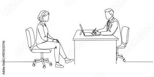 Continuous one line of a patient sitting opposite a doctor at a table, symbolizing a face-to-face consultation, drawn vector illustration.