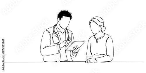 Continuous one line of a doctor showing digital medical records to a patient, representing a modern consultation, drawn vector illustration.