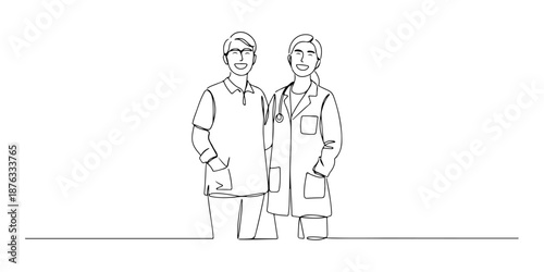 Continuous one line of a patient and doctor smiling together, representing a positive healthcare relationship, drawn vector illustration.