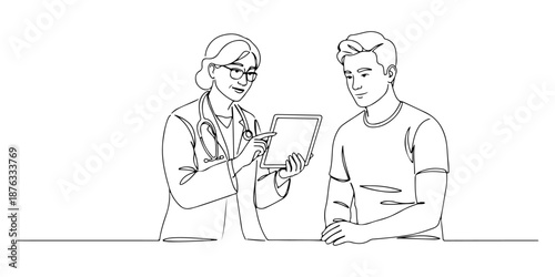 Continuous one line of a doctor showing digital medical records to a patient, representing a modern consultation, drawn vector illustration.