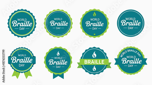 Collection of world braille day badges and labels in teal and green