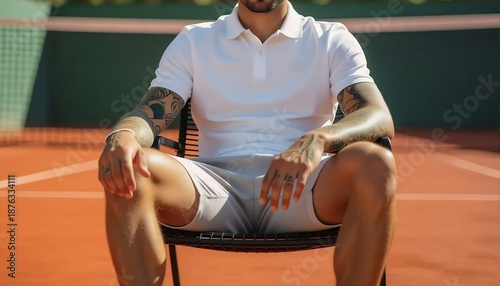 Close-up of a tattooed man in a white polo shirt sitting on a tennis court chair. Professional athlete lifestyle on a clay court with a focus on arm tattoos and casual sports fashion.