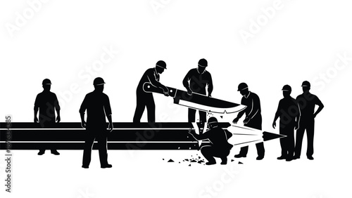 Workers in teamwork launching a large rocket into space with silhouettes