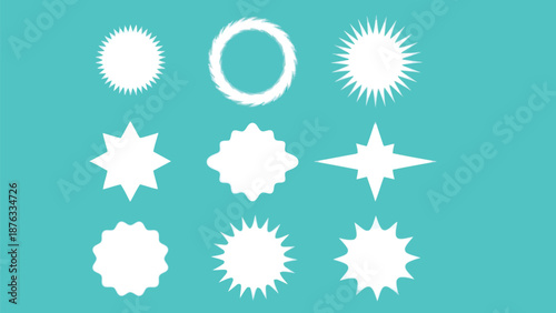 Collection of abstract white starburst and sparkle shapes on teal background