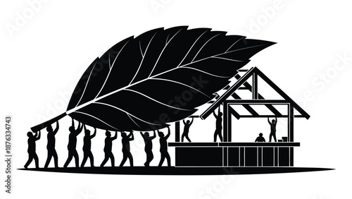 People carrying large leaf to protect house from elements teamwork and environmental conservation concept