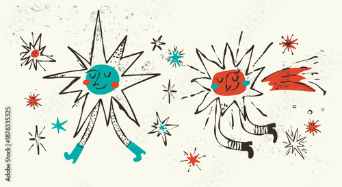 Retro Star Sparks and Hand Drawn Doodle Elements with Grainy Texture