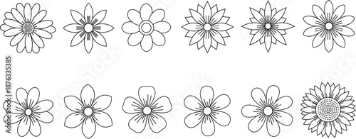 Professional botanical vector line icon set featuring various flower heads, daisy blooms, sunflower, and decorative floral blossoms with clean black outlines.