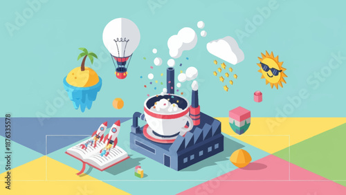 Industrial factory with creative elements and weather symbols.