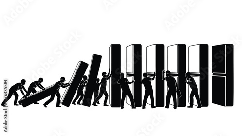 People in teamwork moving and assembling large blocks or bricks in a line