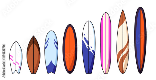 Types of surfing boards set. Patterned surfboards with different sizes and shapes: short, longboard, gun, hybrid, malibu and fish. Beach activity on sea. Flat isolated vector illustrations on white