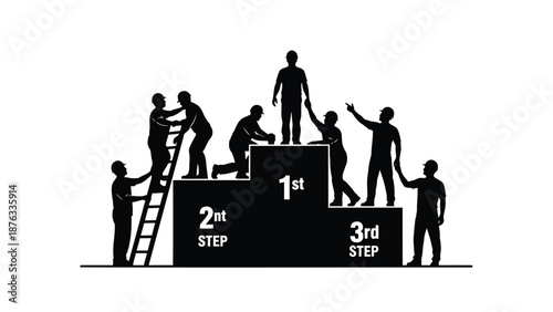 Teamwork and success concept with silhouettes on step podium helping each other to reach top representing collaboration and support in achieving