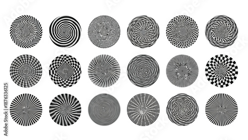 Collection of mesmerizing circular optical illusions and grayscale spiral patterns