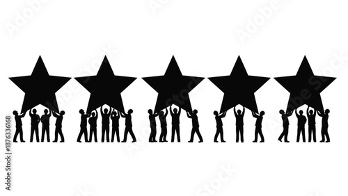 People silhouettes holding up five black stars in a row on white background