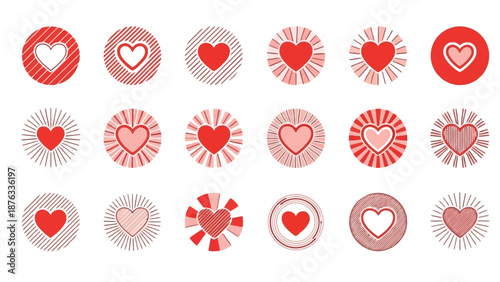 Collection of red hearts with various designs and radiating patterns