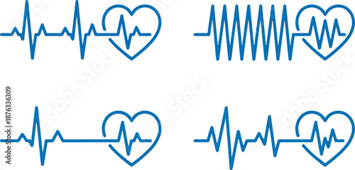  Set of Red Heart Rhythm Lines 2026, ECG and EKG Signal with Heart Shapes, Medical and Love Concept Vector Illustration