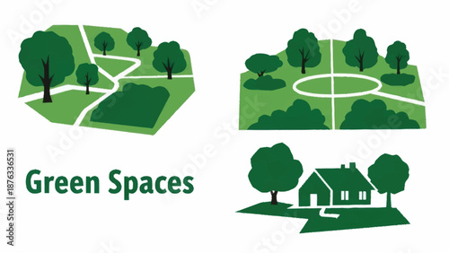 Green spaces and parks with trees and pathways.