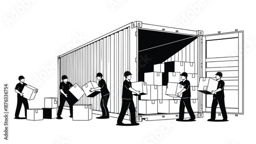 Workers loading boxes into shipping container for logistics and transportation