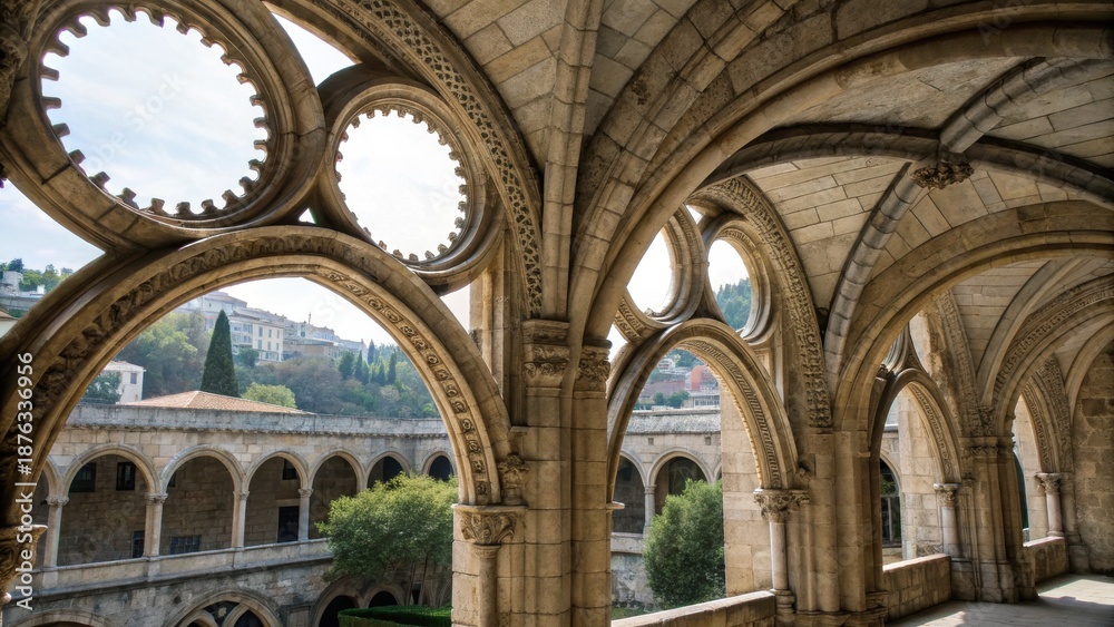 Obraz premium Emotional connection and architecture concept. Stunning architectural arches in a historic cloister setting.