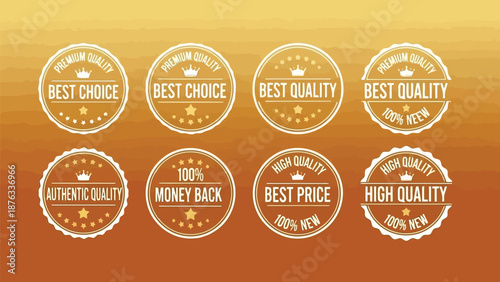 Collection of premium quality badges and labels on a warm orange background