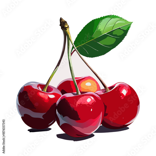Sweet and fresh summer fruit perfect for healthy eating. cherries with green leaves and stem in an isolated view. Red ripe cherries on a dark background.