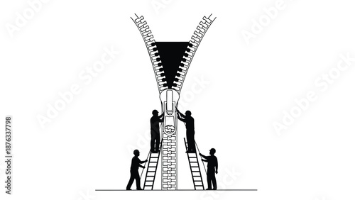 Four workers on ladders construct large film reel teamwork in film production concept