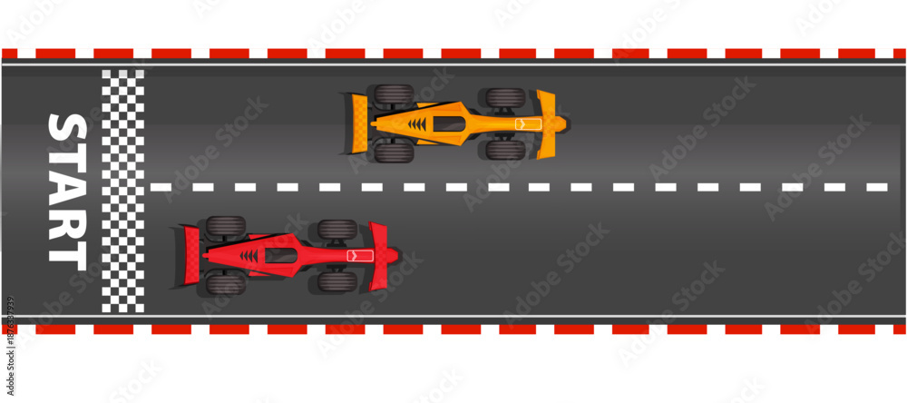 Fototapeta premium Race road Start and finish top view asphalt track with racing cars, sport speedway racetrack, competition roadway. border red and white.