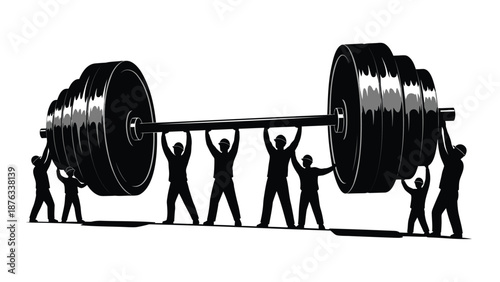 Teamwork concept with people lifting heavy weights together in unity and cooperation