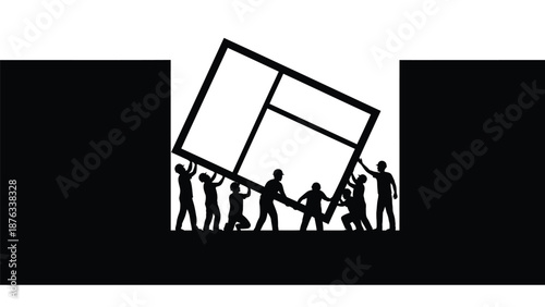 People working together carrying large frame teamwork collaboration